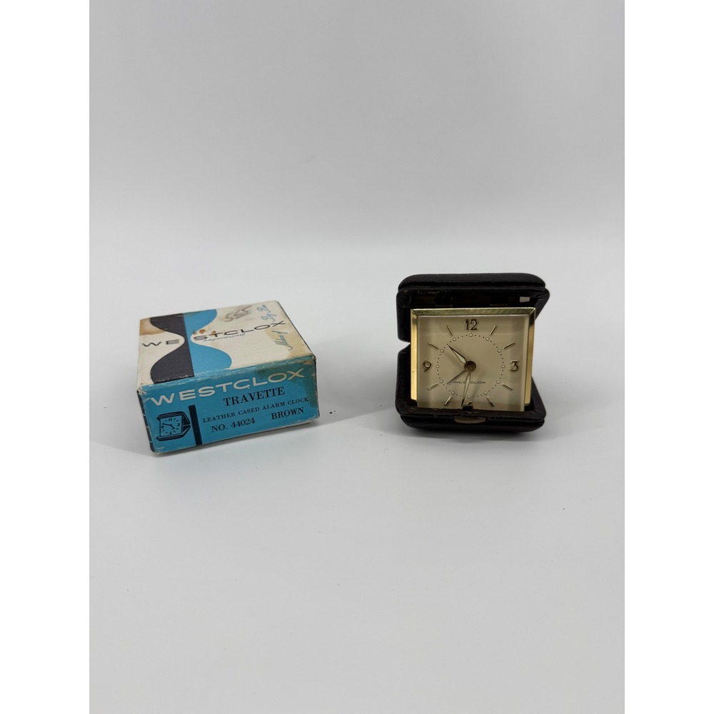 Westclox Travette Vintage Leather Cased Alarm Clock Brown 44024 Germany Keywound